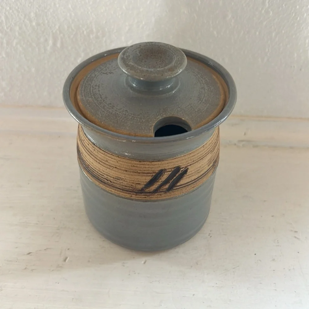 Handmade pottery jar with lid for salt, honey, sugar etc.